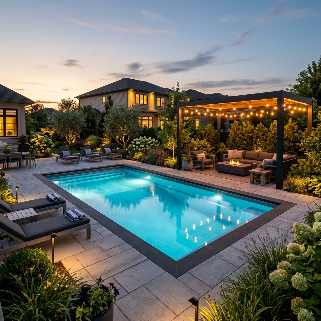 Luxury inground pool with pergola and LED lighting at dusk